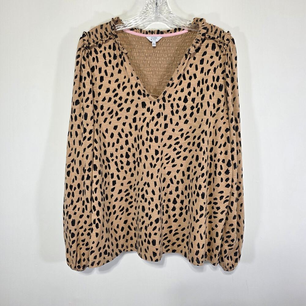 Crown & Ivy Womens Animal Print Long Sleeve Vneck Poet Peasant Top Size XL